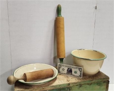 Vintage Enamelware with Rolling Pin & Muddler