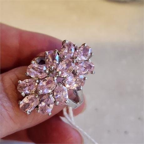 Sterling Silver 12 Oval Cut Pink Topaz Ring - Sz 7.5