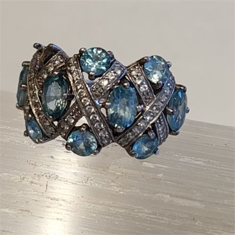 Sterling Silver w/ Blue Gemstones Ring - Sz 8 (see pics, one stone missing)