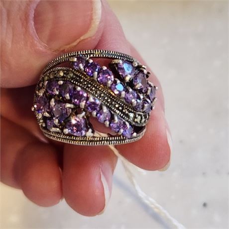 Sterling Purple Stone & Marcasite Ring - Sz 6¼