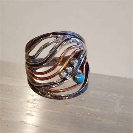 Sterling, Copper, w/ Turquoise Ring - Sz 9