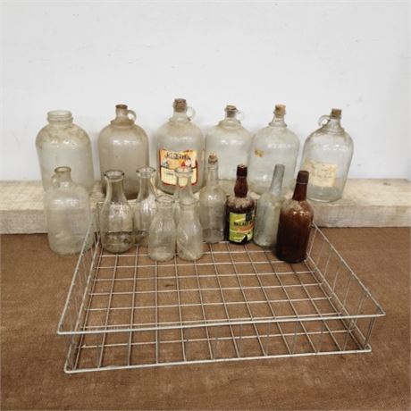Vintage Glass Jugs, Bottles w/ Metal Rack