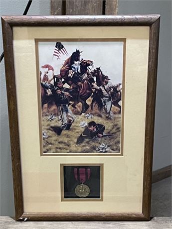 Framed Custer Battlefield Print & Indian Wars Medal