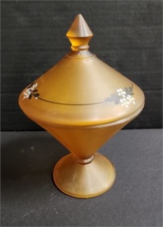 Vintage Amber Satin Glass Hand Painted Compote Pedestal Dish