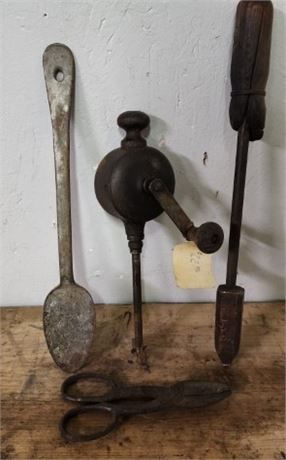 Antique Valve Grinder/Copper Solder Iron/Shears/Ladel