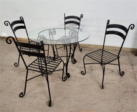 NICE Outdoor Wrought Iron (heavy!) Glass Top w/ Chairs - 42" Diameter