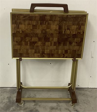 4 VINTAGE METAL TV TRAYS WITH ROLLING STAND-FAUX PARQUET WOOD