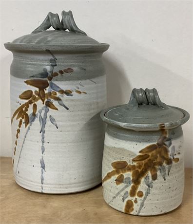 HAND THROWN POTTERY CANISTERS, ARTIST SIGNED 10.5” & 6.25