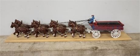 1950s-60s Cast Iron Clydesdale Drawn Keg Wagon with Driver & Dog