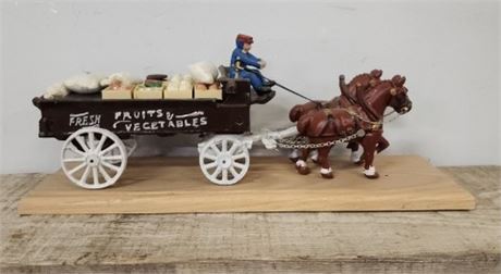 1950s-60s Cast Iron Clydesdale Drawn Produce Wagon with Driver & Contents