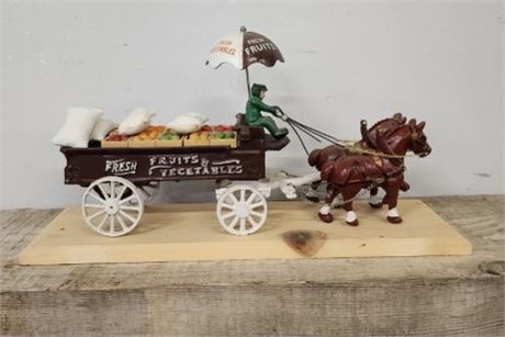 1950s-60s Cast Iron  Produce Wagon with Clydesdale Pair & Driver