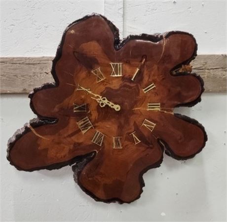 Vintage Mid Century Raw Edge Wood Slab Wall Clock