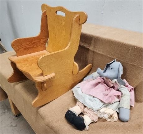 Vintage Doll Rocking Chair w/ Elephant Rag Doll