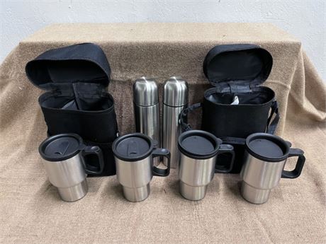 Stainless Thermos & Cups w/ Case Pair