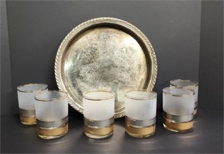 Vintage Culver Bourbon Tumblers & Silver Plater Tray