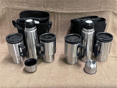 Stainless Thermos w/ Travel Mugs Set Pair