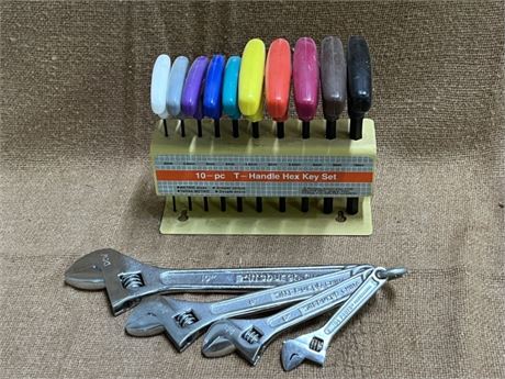 New 10pc T Handle Hex Key Set & Adjustable Wrench