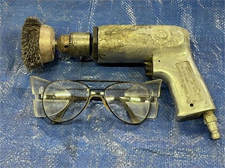 Pneumatic Drill, Safety Glasses, and Chuck
