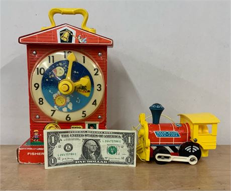 VINTAGE FISHER PRICE MUSIC BOX TEACHING CLOCK & PULL TRAIN