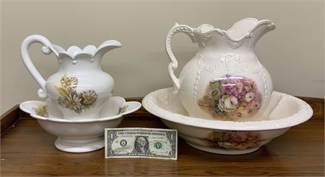 Pair of antique floral pitchers and basin bowls