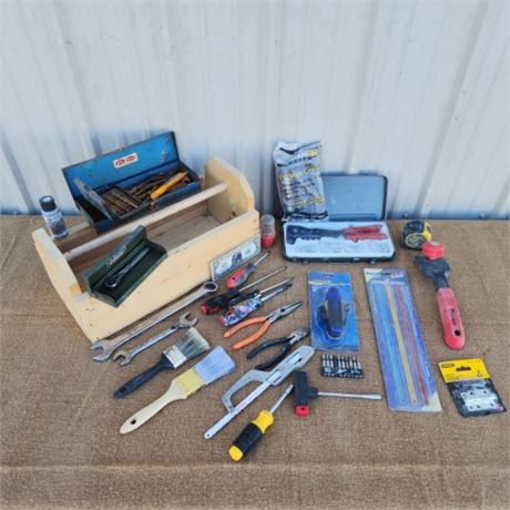 Assorted Tools & Nice Wood Caddy