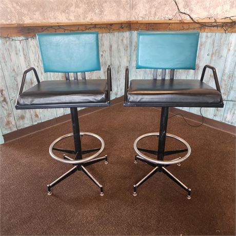 Pair of Retro Swivel Turquoise & Chrome Bar Stools - New Vinyl Upholstery!