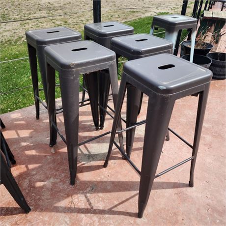 6- Grey Metal Bar Stools - no back rest - note one is different color