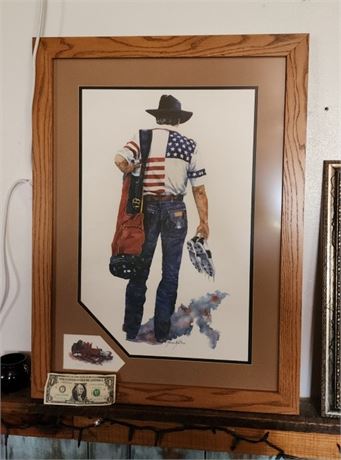 1992 Framed Patriotic Cowboy Golfer By Karen Rac - 23x31