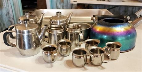 11 Stainless TeaPots & Cream Pitchers & Tray