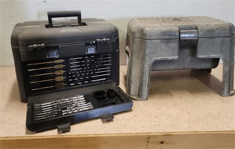 Toolbox w/ New Drill Bits & Step Stool W/ Storage