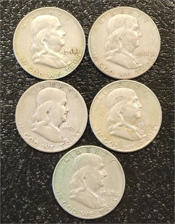 5 - (1951-'62) Franklin Silver Half Dollars