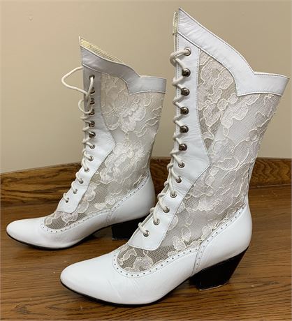 Ladies Size 6M Western Cowgirl Boots White Leather Wedding Lace Up Boots