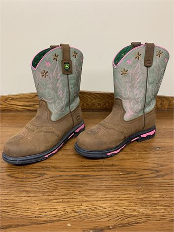 John Deere Brown Green Pink Pull On Western Boots