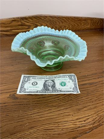 Jefferson Glass Green Astro Pattern Crimp Ruffled Bowl