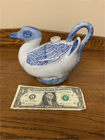 Vintage Blue & White Hand Painted Porcelain Duck Teapot