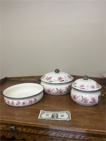 Vintage Normandy Pink Lily Enamel Cookware Set