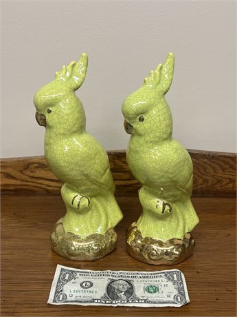 Two Vintage Lime Green Parrot Crackle Glass Figurines