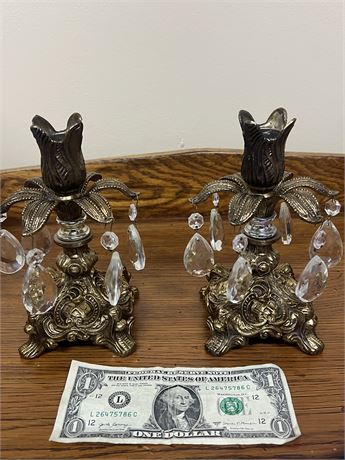 Vintage 60s Pair Hollywood Glam MCM Brass & Crystal Candlestick Holders