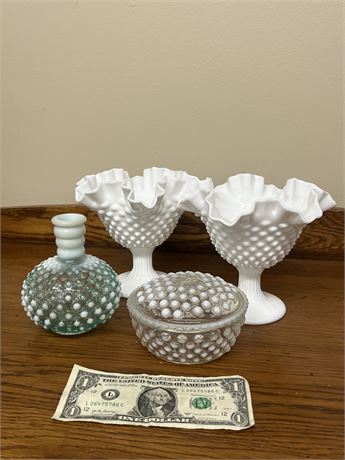 Collection of Fenton Hobnail Glass Candy Dishes and Vase
