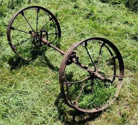 Antique Farm Wheels w/ Axle - 48" Width, 31" Wheel Diameter
