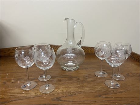Vintage Glass Flower Etched Wine Decanter and 6 Wine Glasses Made in Romania