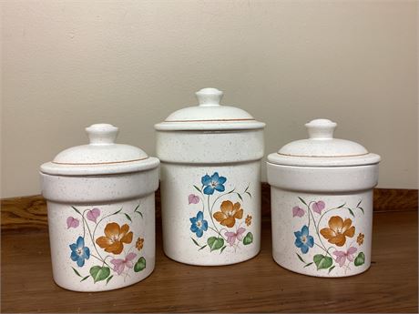 Set of 3 Vintage Treasure Craft Canisters w/ Blue,Burnt Orange, and Pink Flowers