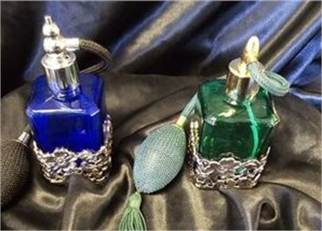 Vintage Glass Atomizer collection. Cobalt Blue and Green