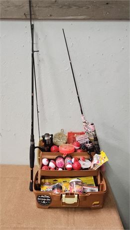Assorted Fishing Tackle with Poles & Box
