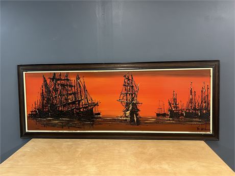 1967 Van Gaard 25” x 65” Ship Galleon Drip Art Painting Original