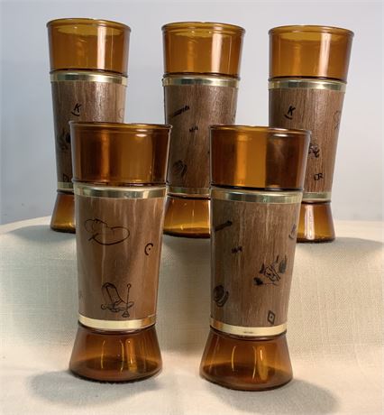 Vintage Set of 5 Siestaware Walnut Sleeve Drinking Glasses