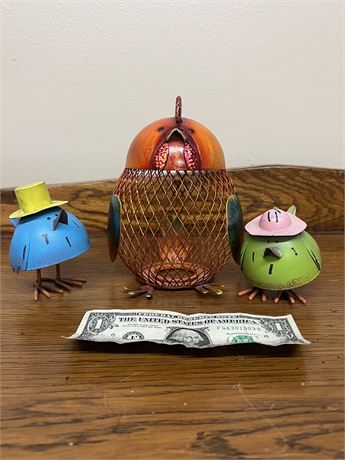 Metal Wire Chick Coin Bank & Metal Chicks with Hats Figurines