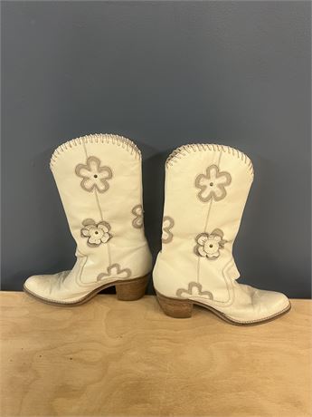 Size 9M Vintage Leather Beige Flower Cowboy Boots
