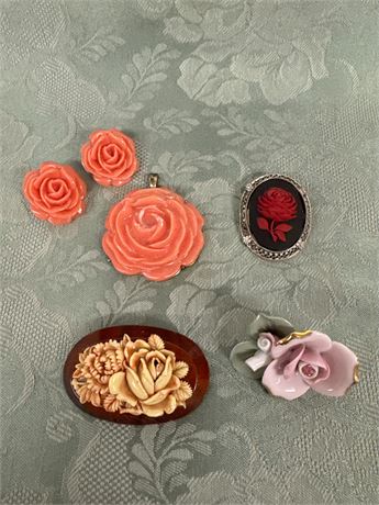 Carved Floral Brooches & Necklace and Earrings