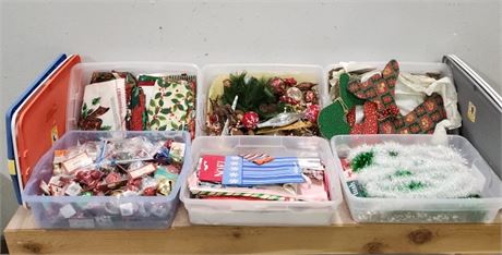 6 Totes Full of Assorted Christmas Fabric/Crafting/Decor Items - 30qt Totes!